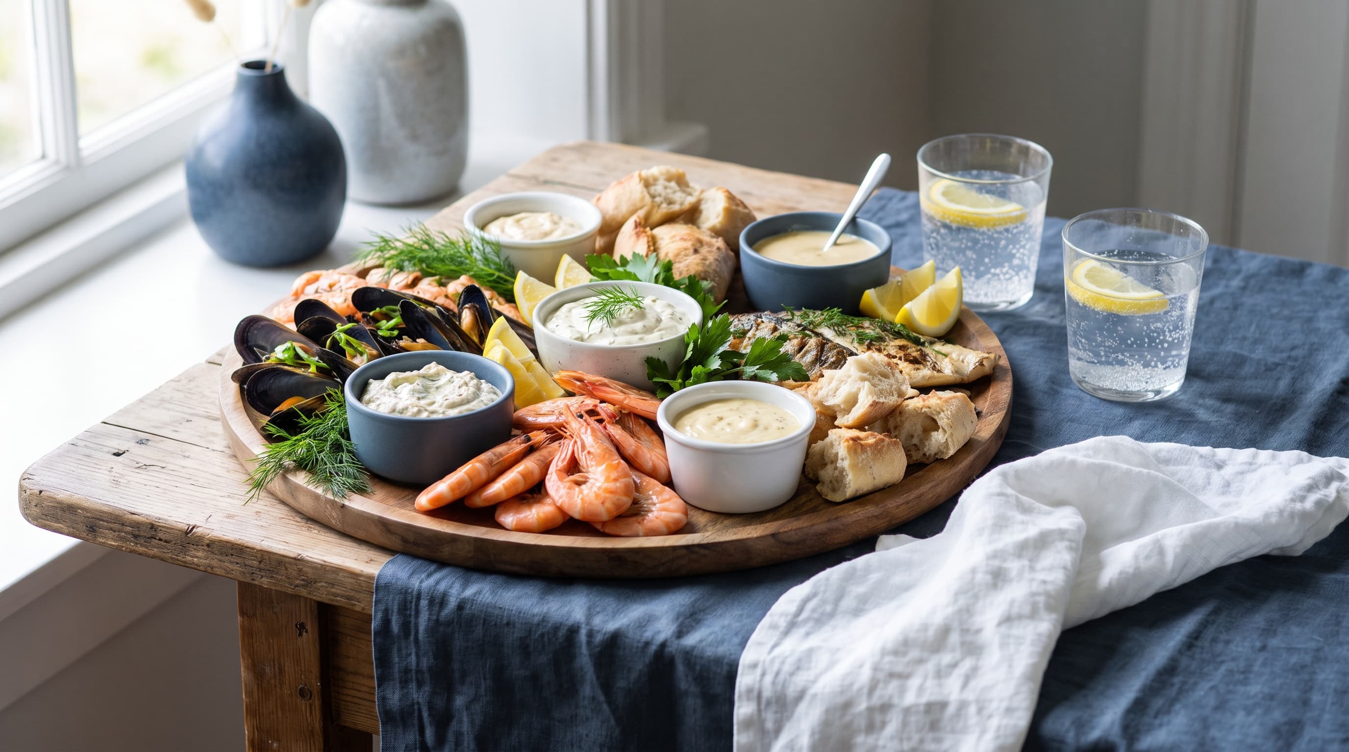 A grazing board of cooked seafood with non-alcoholic drinks