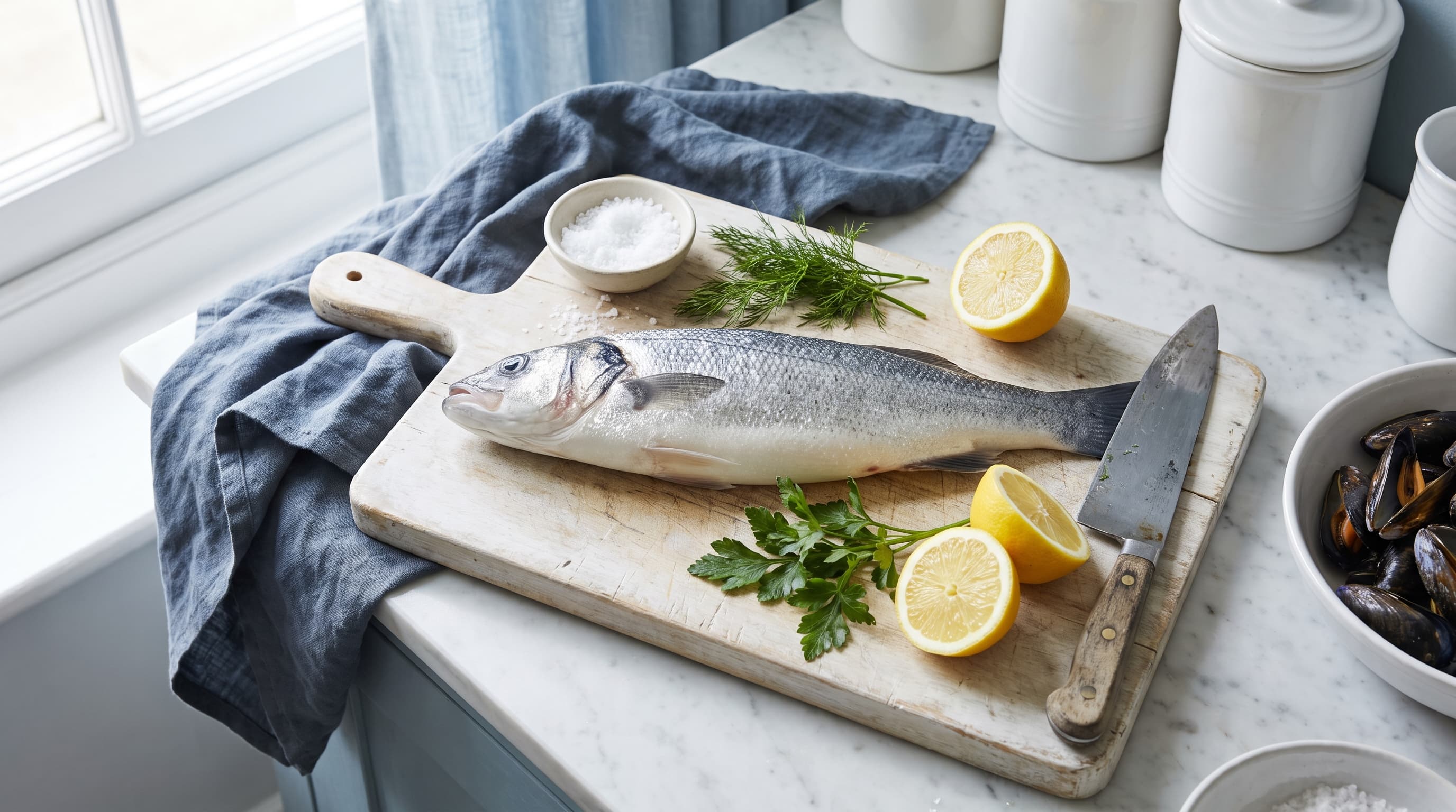 Overhead view of a coastal kitchen worktop with a whole fresh fish, lemon and herbs